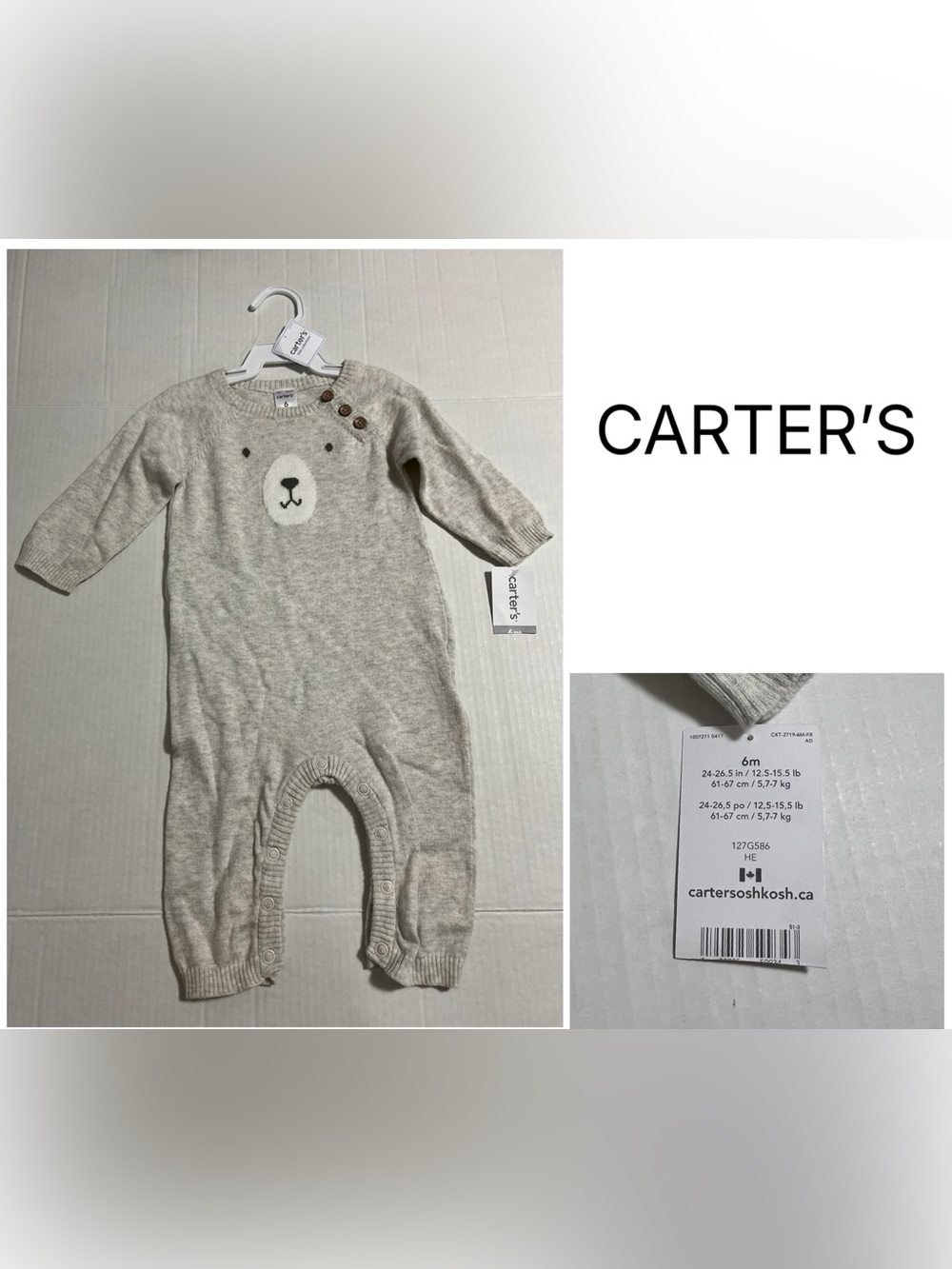 CARTER’S - 6M - NWT - INFANT UNISEX BEIGE BEAR KNIT COVERALL